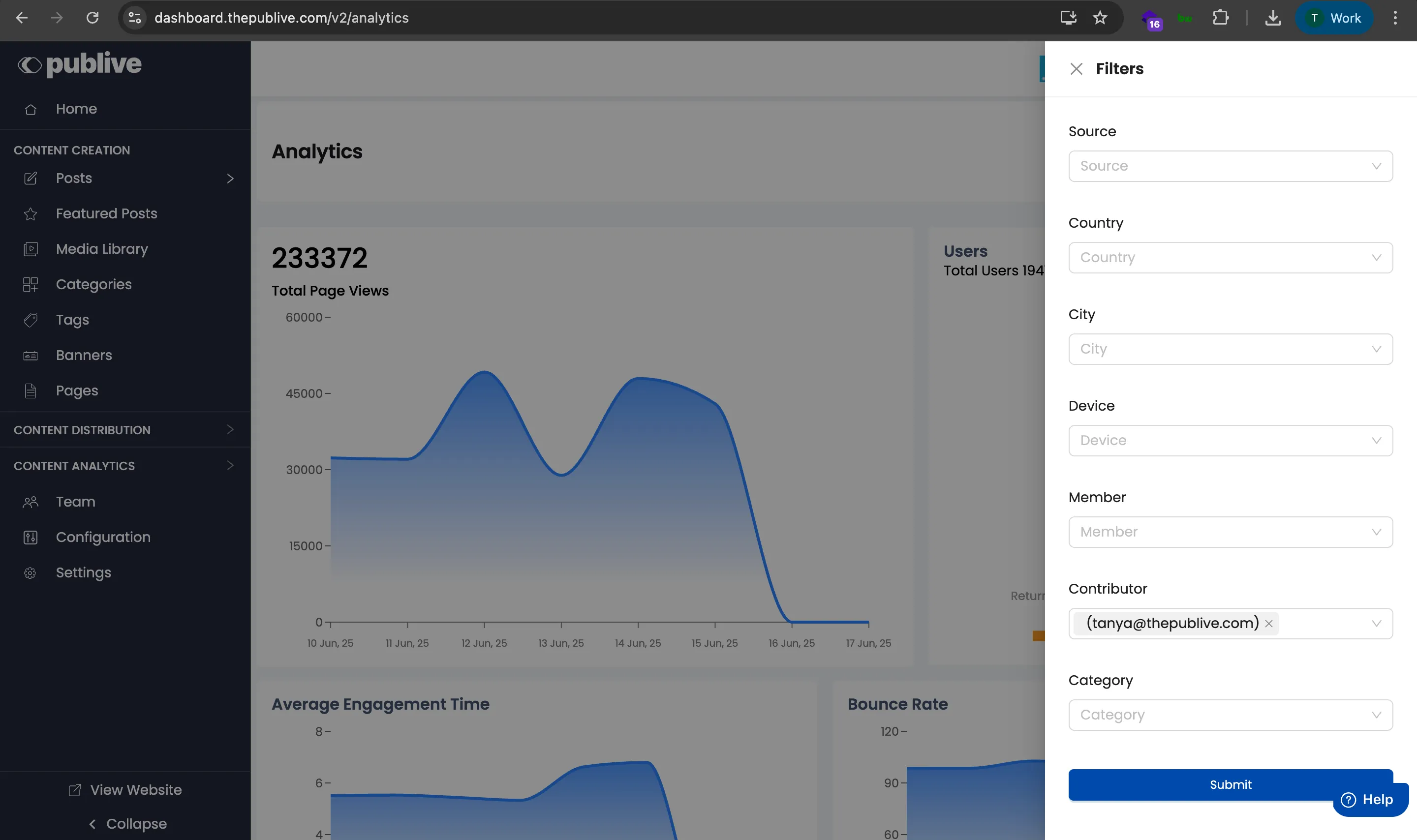 Sample Content Insights Dashboard Filter Screenshot